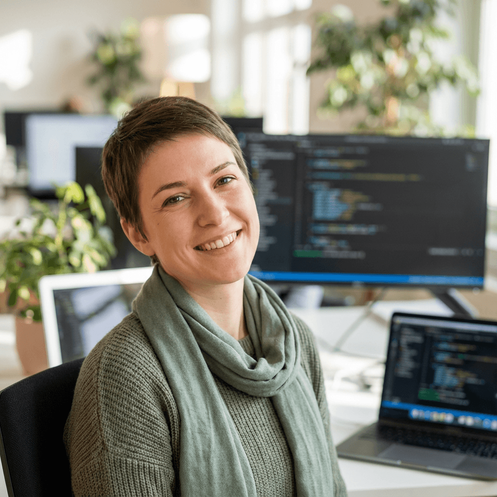 Fundadora de startup em espaço de trabalho moderno