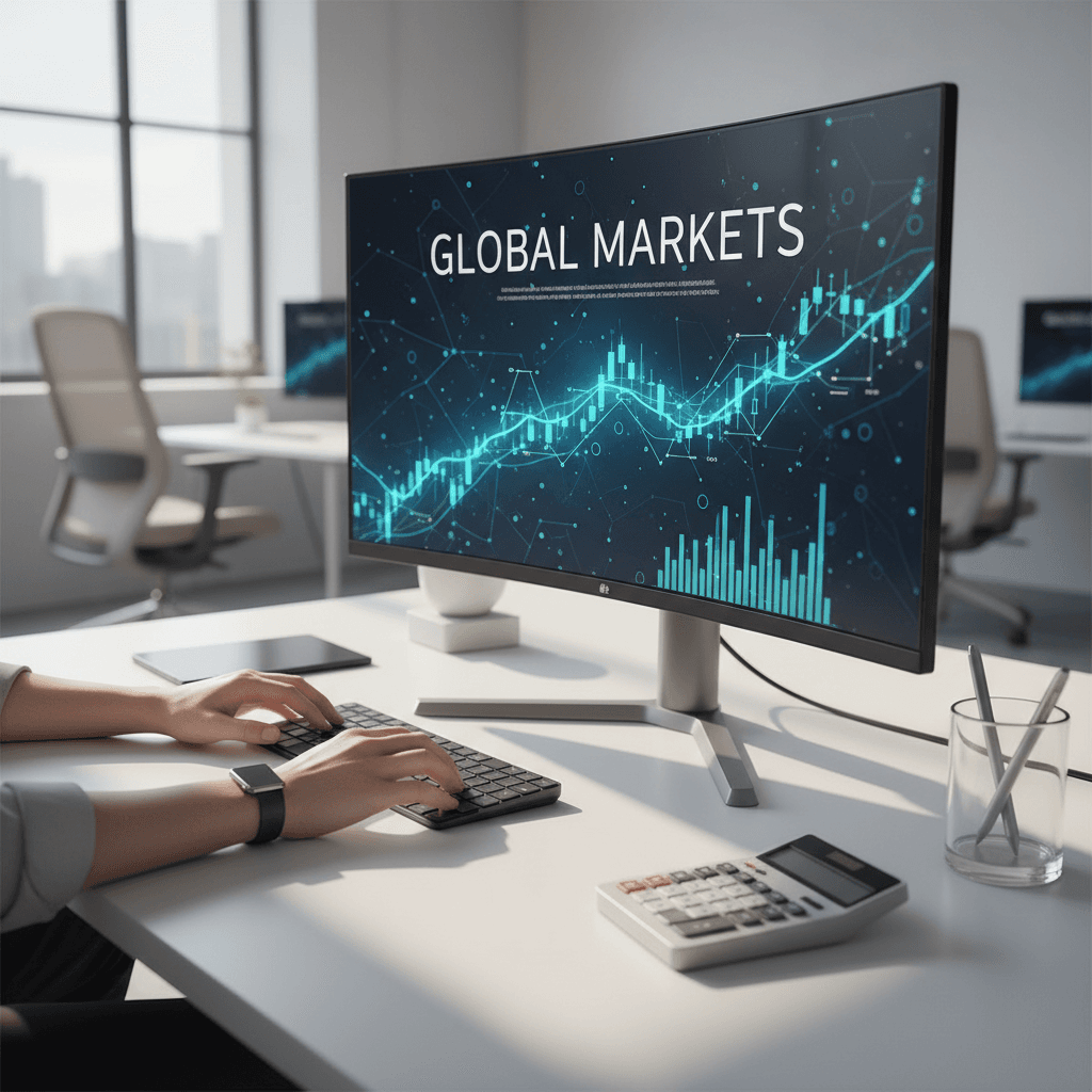 Analista a rever gráficos de dados de mercado num portátil num escritório moderno